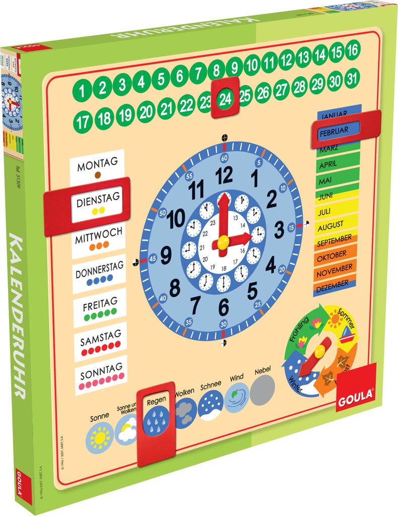 The image shows the front of a Goula Kalenderuhr (calendar clock) product box, displaying the educational toy inside.