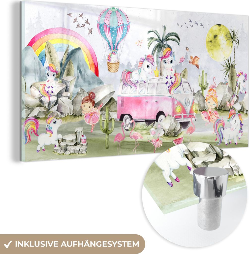 MuchoWow Glasbilder - Bilder auf Wandbild - Foto auf Glas Einhorn - Regenbogen - Kinder - Mädchen - Auto 40x20 cm Wanddekoration aus Glas - Acrylg...