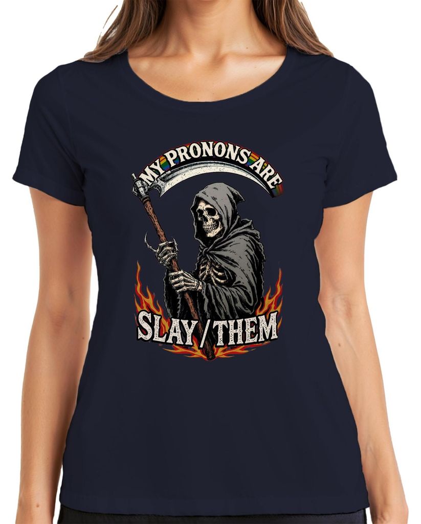 My Pronouns Are Slay Them Grim Reaper Skelett Regenbogen Pride Damen T-Shirt, Navy, S
