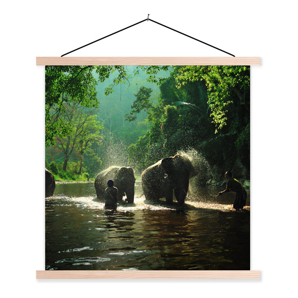 MuchoWow Textilposter Elefant - Wasser - Bäume - Grün - Tiere 120x120 cm mit holzfarbenen Rahmen - Textil-Poster