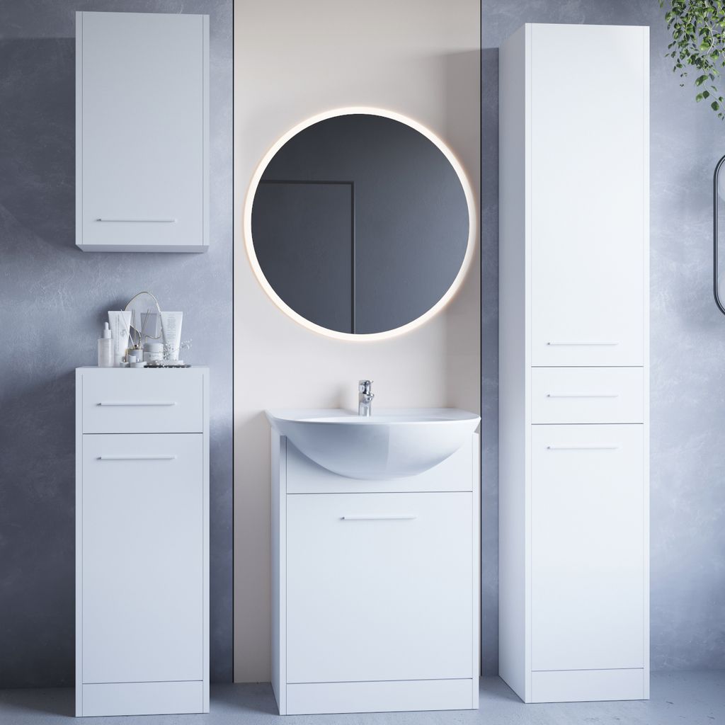 Badezimmer- Set Badmöbel SLIDO LED weiß Waschbecken inkl. Spiegel mit LED Beleuchtung