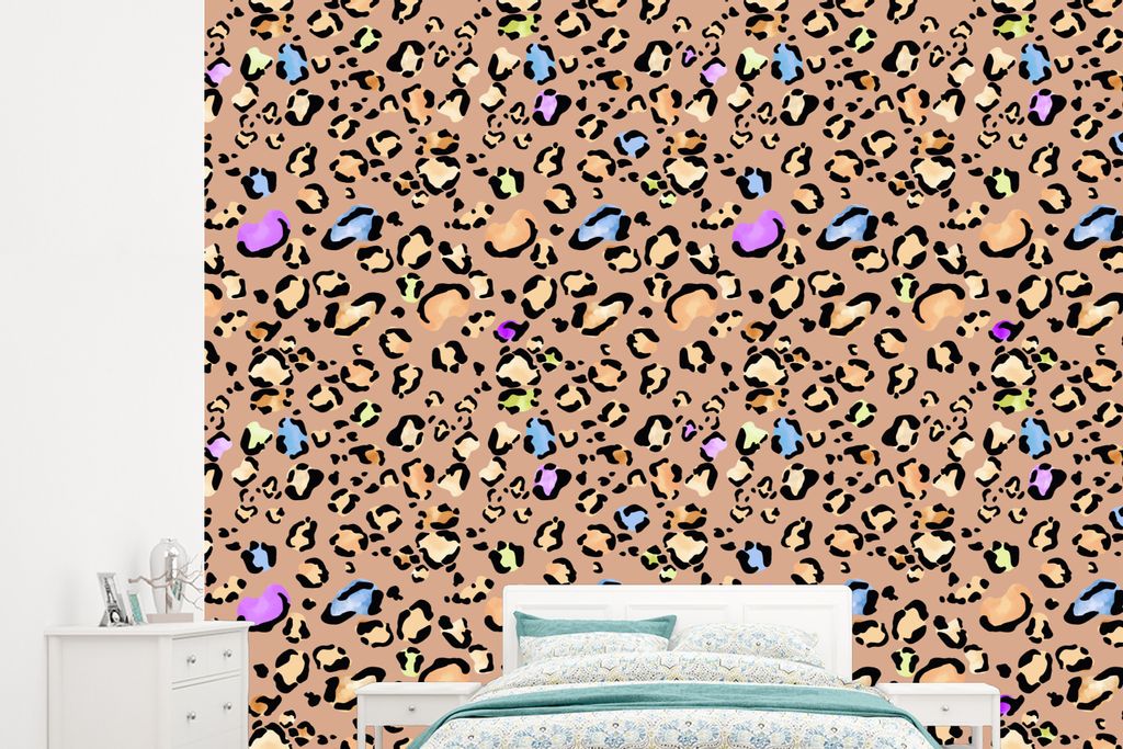 MuchoWow Fototapete für Wohnzimmer oder Schlafzimmer Wandtapete Vinyl Motivtapete Pantherdruck - Regenbogen - Muster - 245x220 cm - Gemustert