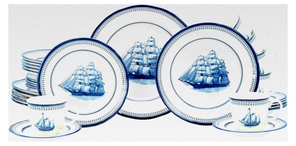 30-teiliges Geschirrset Segelschiff Blau für 6 Personen, Kombiservice aus Steingut, spülmaschinen- und mikrowellengeeignet