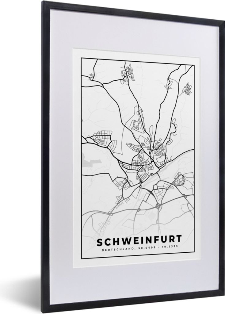 MuchoWow Gerahmtes Poster Karte - Schweinfurt - Stadtplan 40x60 cm - Poster mit Schwarzem Bilderrahmen Wandposter Rahmen Foto Bilder - Poster in ...