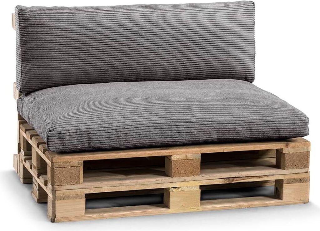 A close-up shot of a grey pallet sofa cushion set on a wooden pallet.