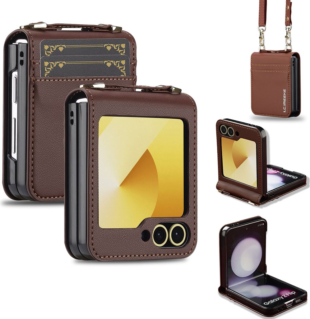 Handyhülle für Samsung Galaxy Z Flip6 / Z Flip7 FE 5G, Leder Crossbody Klapphülle mit Umhängegurt und Kartenfach Braun