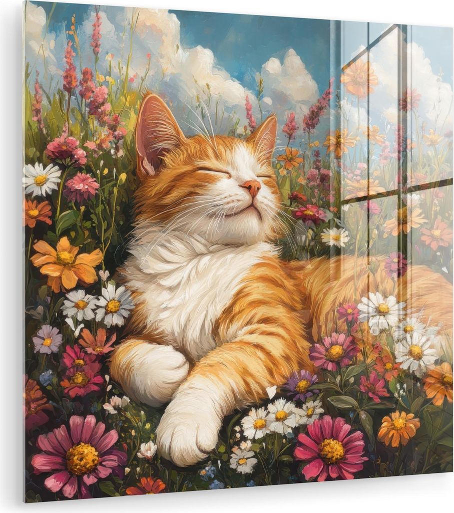 MuchoWow Glasbilder - Bilder auf Wandbild - Foto auf Glas Katze - Blumen - Entspannen 50x50 cm Wanddekoration aus Glas - Acrylglasbild - Acrylbilde...