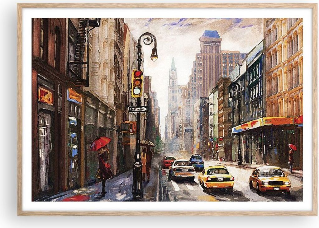 Gerahmtes Poster - Rahmen in heller Eiche - New York Aquarell - 100x70 cm - Wand Bild - Wanddeko - Wandbilder - Kunstposter - Wandposter - Bilderra...