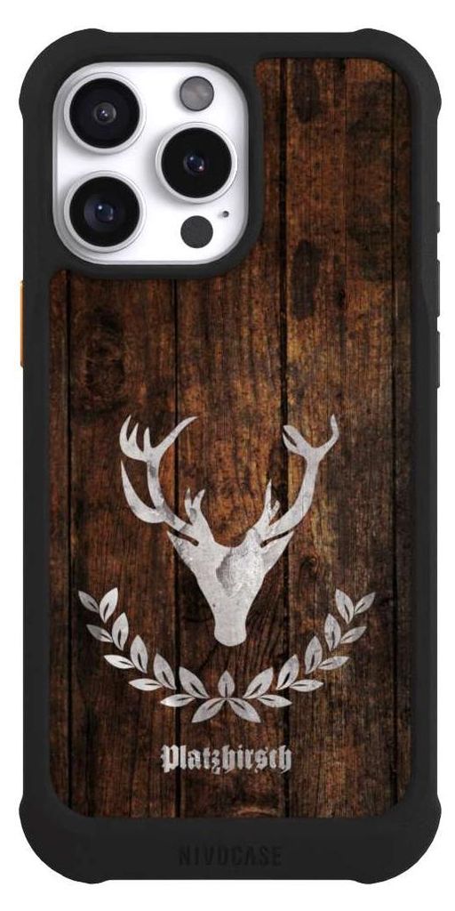 NIVOCASE Hülle für Apple iPhone 16 Pro Max Stoßfeste Handyhülle NIVOmax Case Schwarz Hirsch Holz Holzoptik