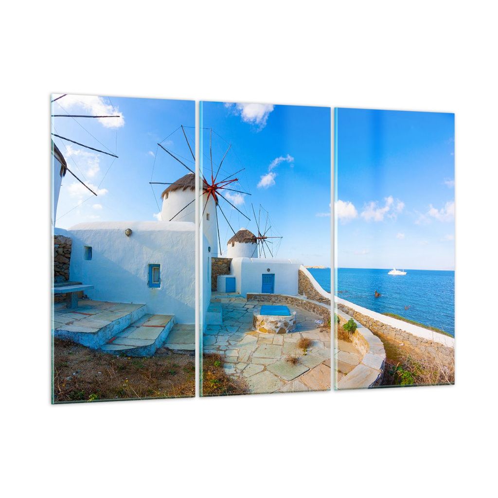 Bilder auf glas - Griechenland Insel Küste Haus - 105x70cm - Glasbilder - Wandbilder - Kunstdruck - zum Aufhängen bereit - Wanddekoration aus Gla...
