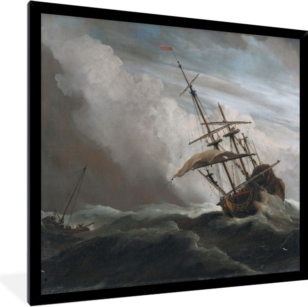 MuchoWow Gerahmtes Poster De Windstoot - Willem van de Velde - Alte Meister 40x40 cm - Poster mit Schwarzem Bilderrahmen Wandposter Rahmen Foto B...