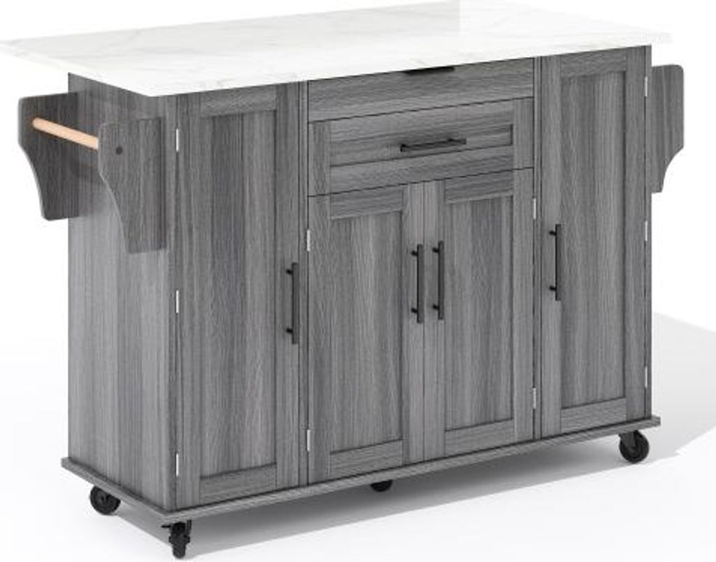 Grau Mobile Kuecheninsel 136x70x92cm Servierwagen Kuechenwagen Ausziehbare Arbeitsplatte Verdeckte Verstellbare Einlegeboeden Gewuerzregal