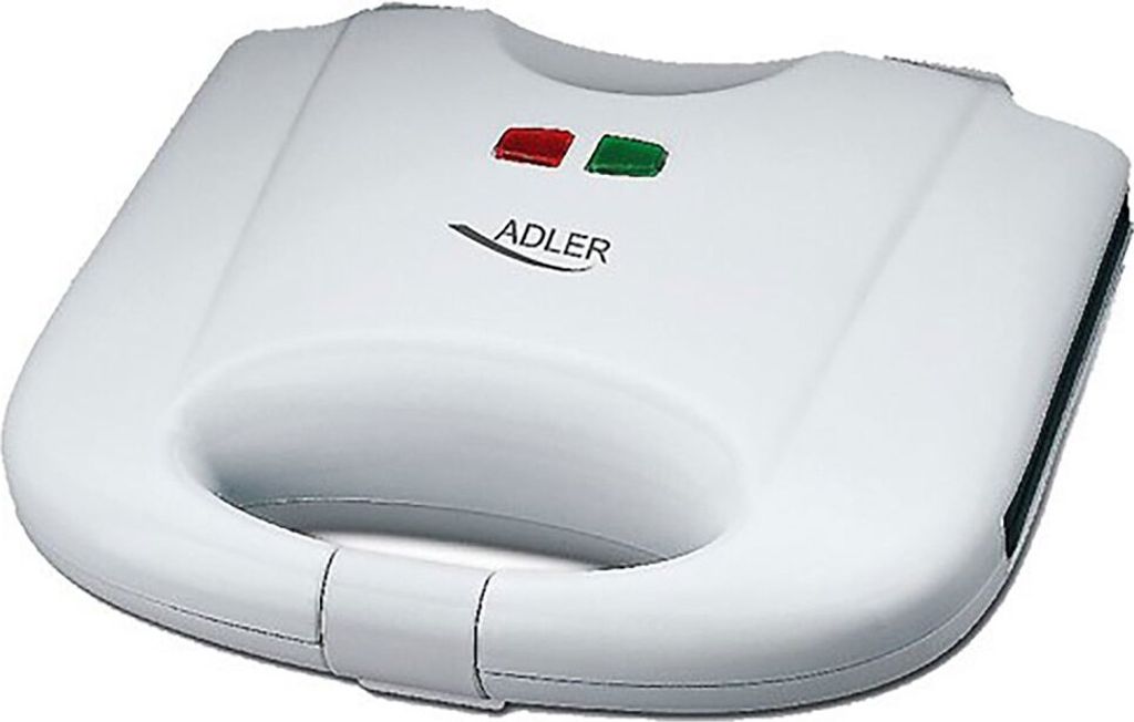 A white Adler brand waffle maker is shown from a slightly elevated front-left angle against a white background.