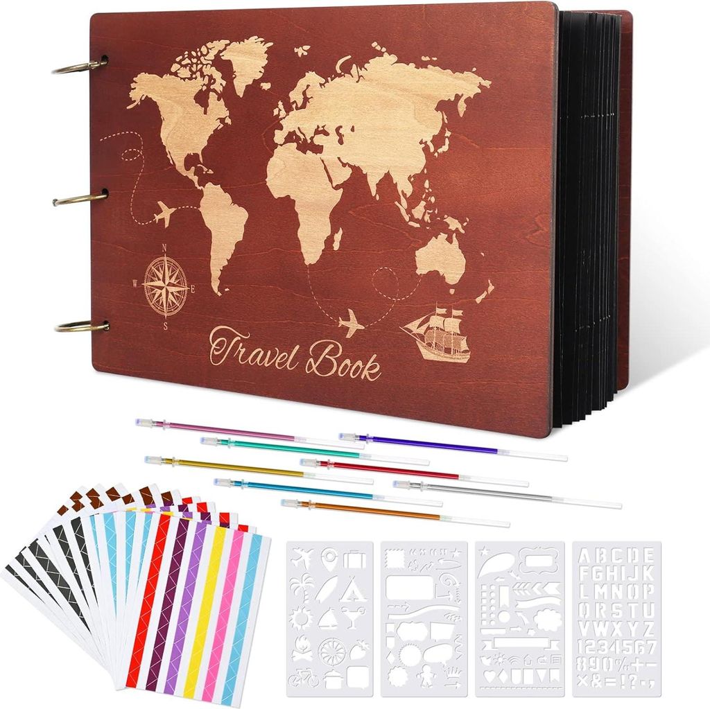Fotoalbum Hölzernes Reise-Plakbuch - 100 Seiten Reiseerinnerungen Anpassbares Scrapbooking-Set DIY Zubehör Geschenk Geburtstag Jubiläum Hochzeit