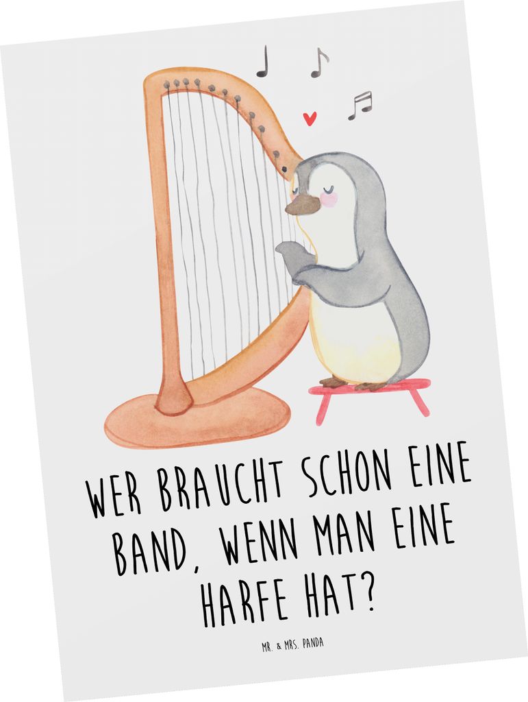 Mr. & Mrs. Panda Postkarte Harfenzauber - Weiß - Geschenk, Band, Musik, Instrument, Einzigartigkeit, Klang, Grußkarte, Designkarte, Musikinstrume...