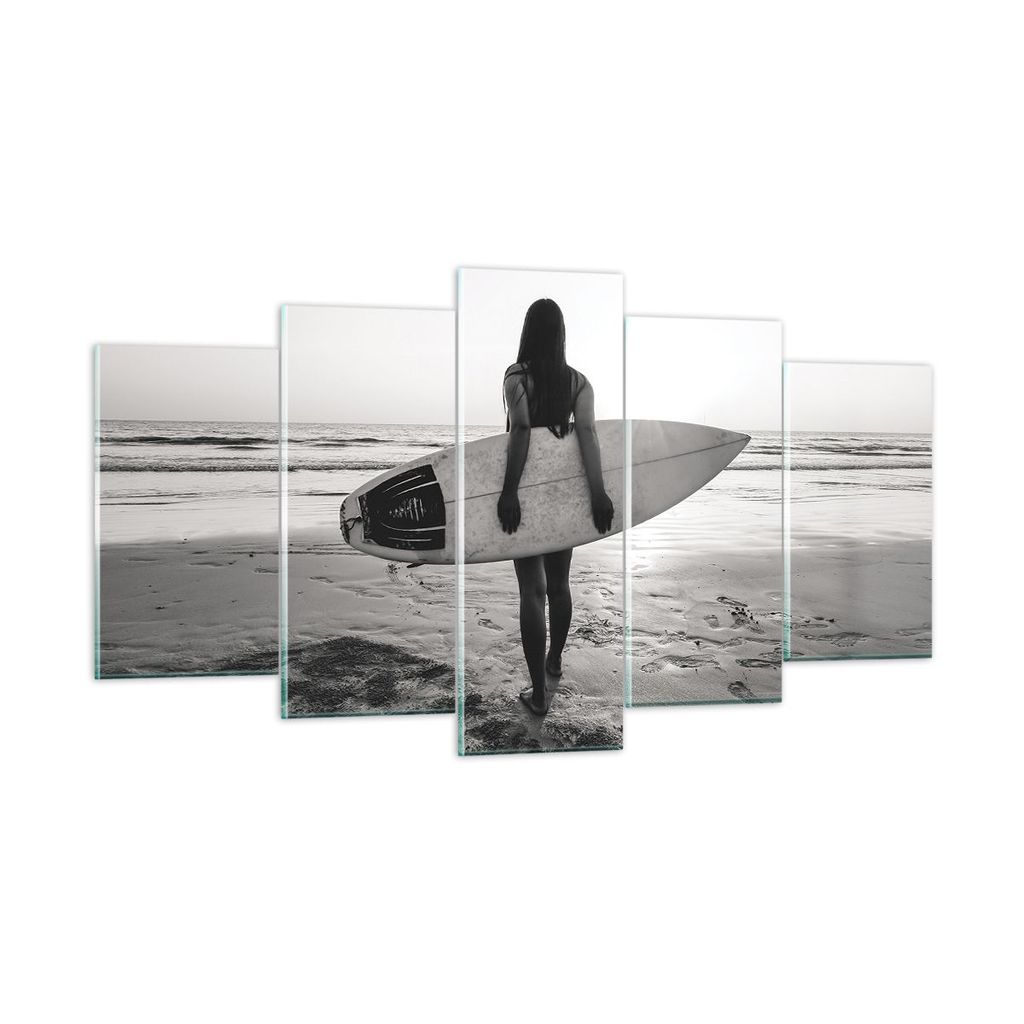 Bilder auf glas - 5 Teile - Frau Strand Surfen - 160x85cm - Glasbilder - Wandbilder - Bilder - zum Aufhängen bereit - Wanddekoration aus Glas - Gl...