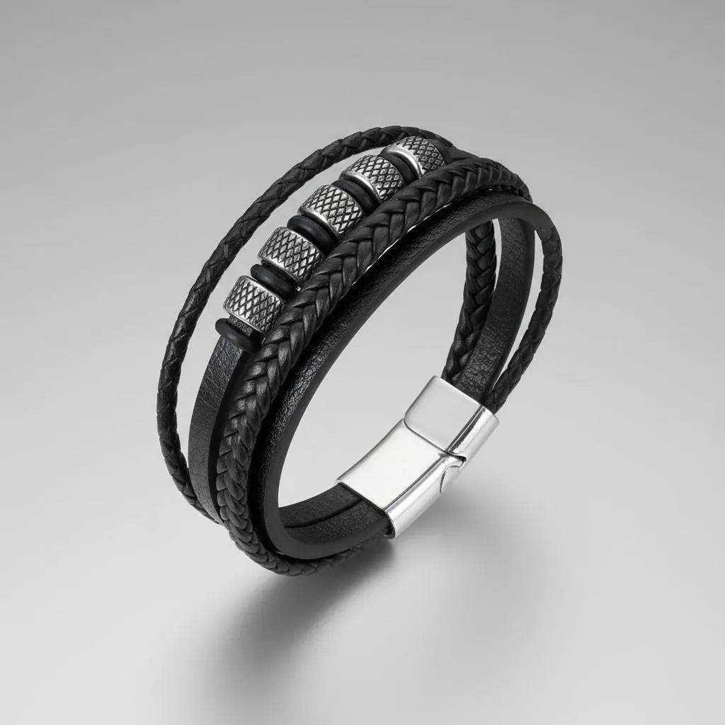Bracelet Homme Cuir et Acier Argenté : Cadeau Idéal Style Rétro 21 cm - 3
