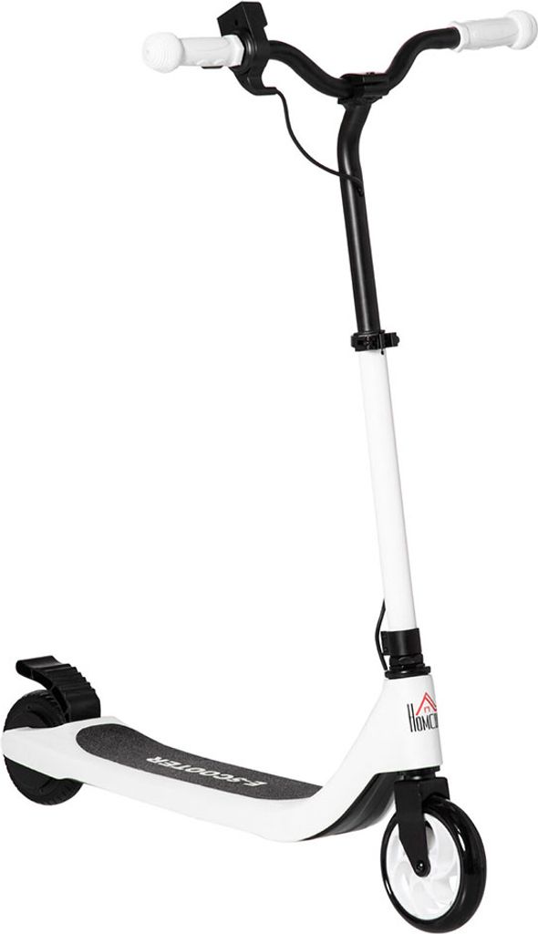 A white and black electric scooter is shown against a white background.
