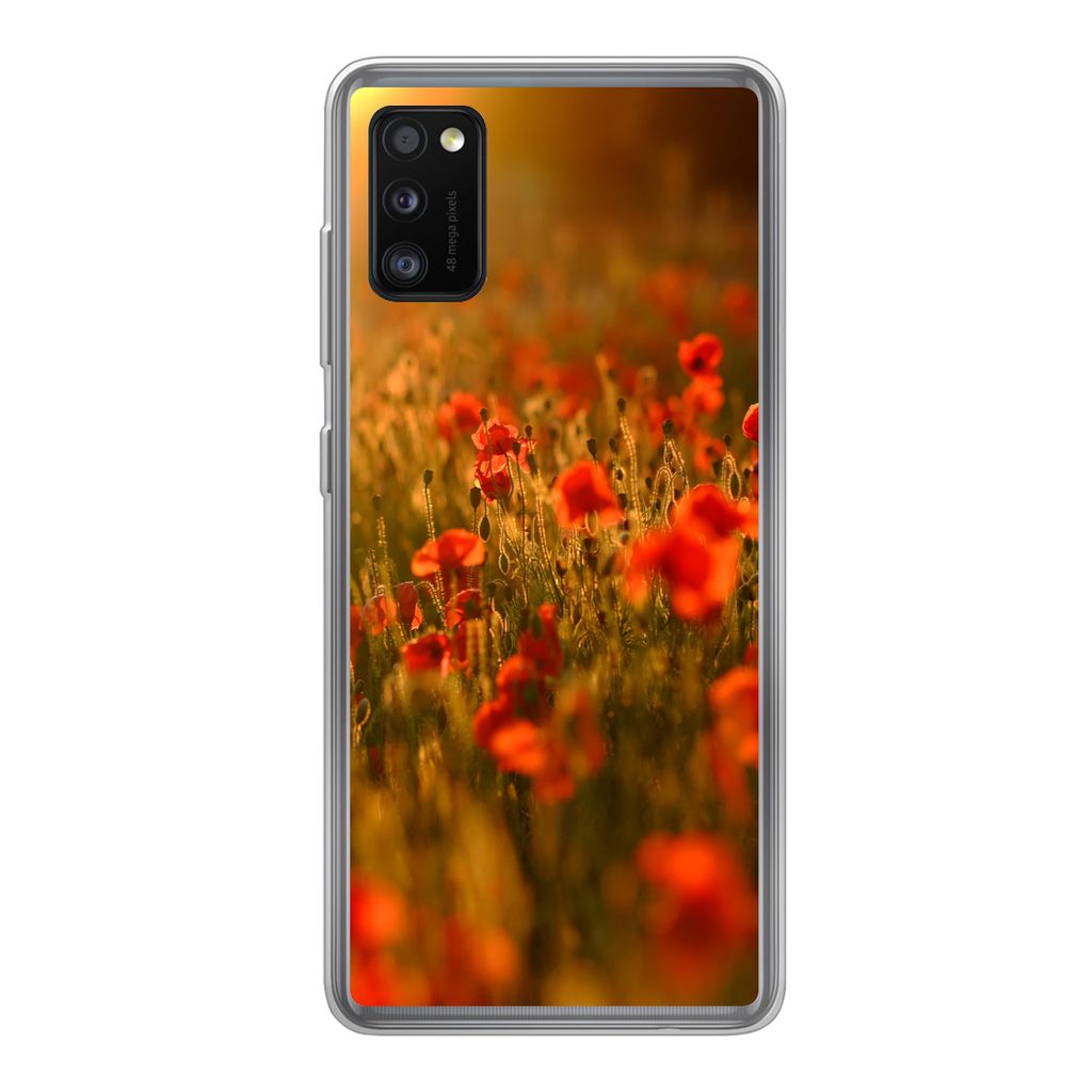 MuchoWow Handyhülle Schutzhülle Hülle für Samsung Galaxy A41 Orangefarbenes Leuchten über den Mohnblumen auf dem Feld Silikon Softcase Handy...