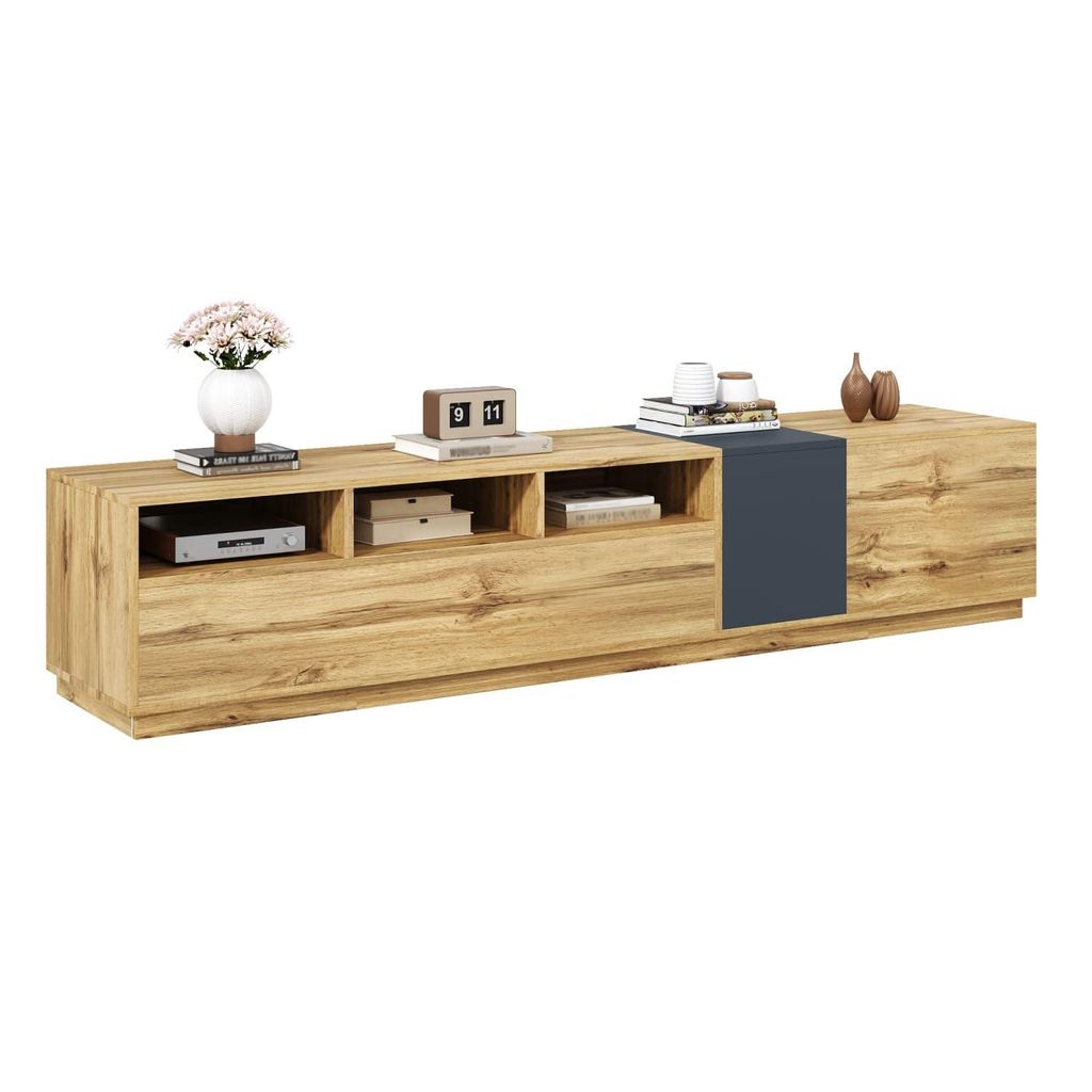 Ein moderner TV-Ständer in Kontrastfarben. Mit schlichtem, kontrastreichem Design. Mit offenen Fächern und Kabelöffnungen,200 cm