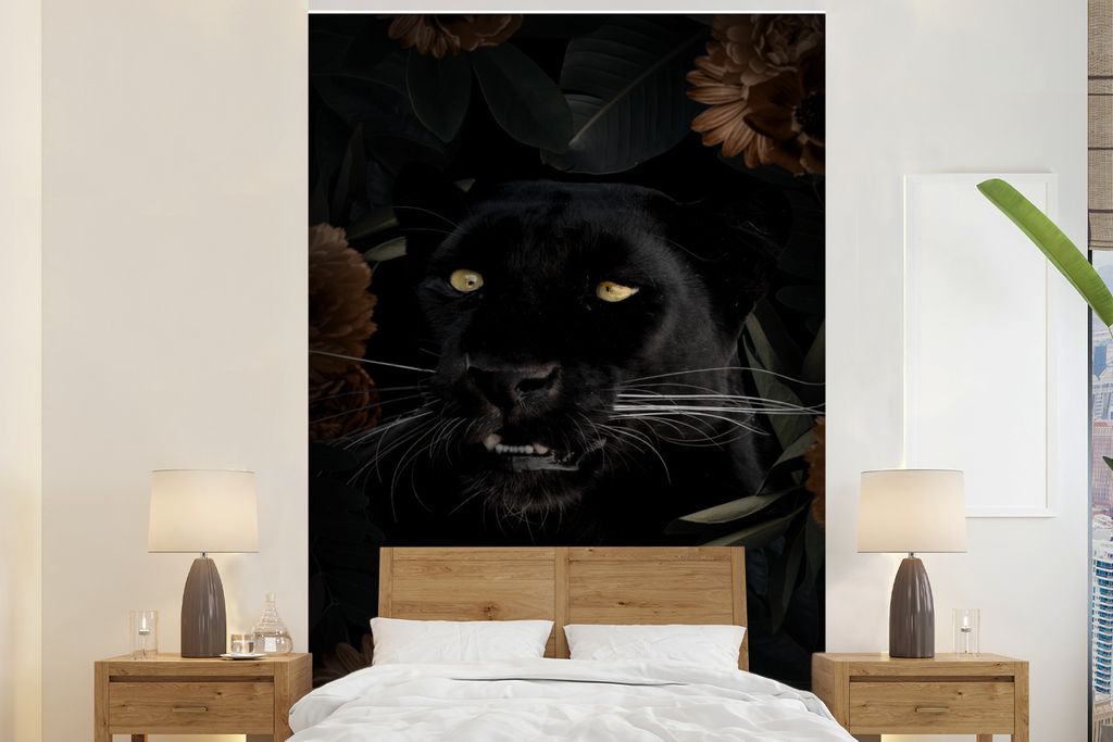 MuchoWow Fototapete für Wohnzimmer oder Schlafzimmer Wandtapete Vinyl Motivtapete Panther - Tiere - Blumen - 155x240 cm - Tapete