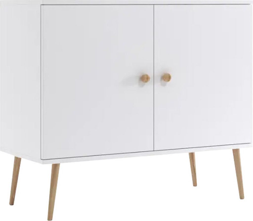 Bettso Kommode mit 2 Türen minimalistisches Sideboard im skandinavischen Stil auf Holzbeinen Griffe aus Jute für Wohnzimmer Schlafzimmer 100 IKON...