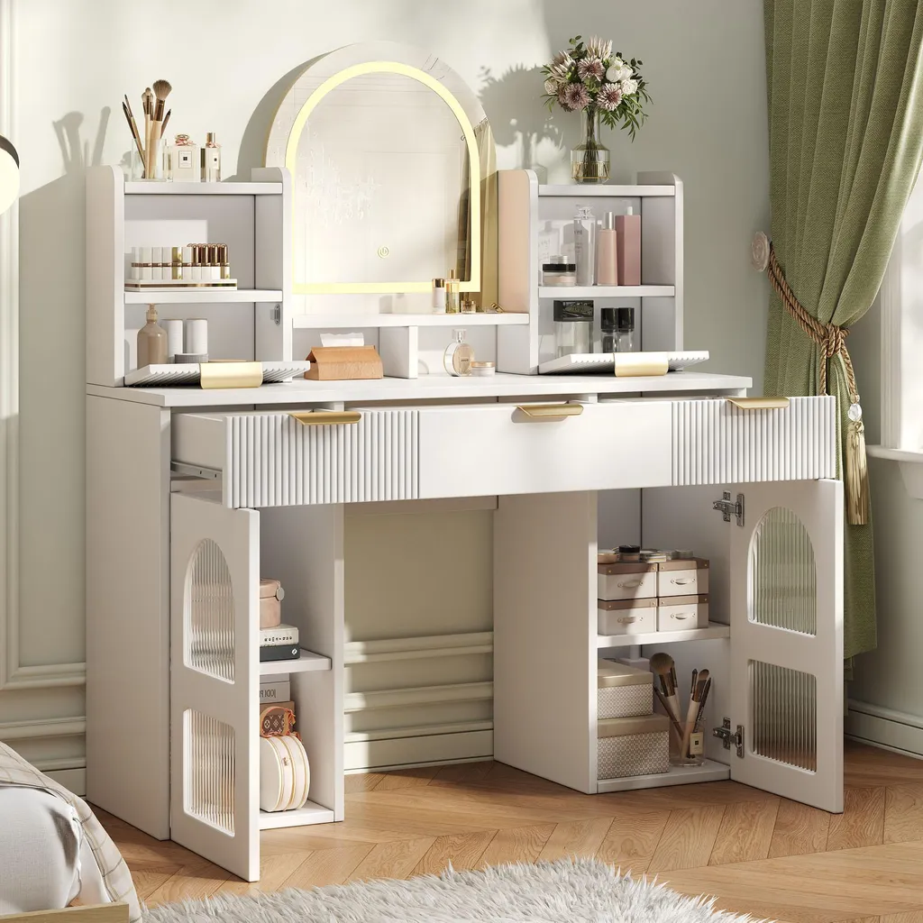 Coiffeuse avec miroir LED tactile, 3 tiroirs et vitrine, commode blanche - 4
