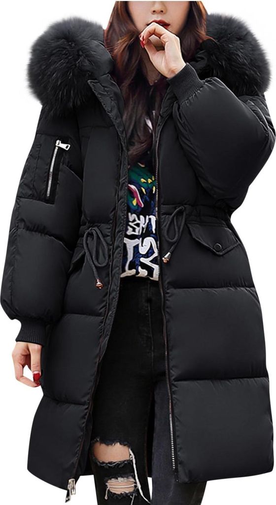 ASKSA Damen Mantel Wintermantel Lang Puffer Daunenmantel Winterjacke Parka Jacke Winter Warm Elegant Daunenjacke mit Kapuze (Schwarz,S)