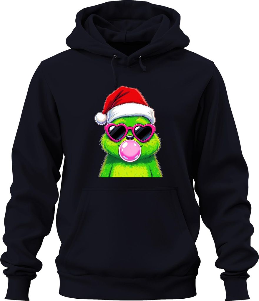 Weihnachtsmonster Grün Bubblegum Kaugummi Herzbrille Santa Cool Uni Hoodie Kapuzenpullover, Navy, M