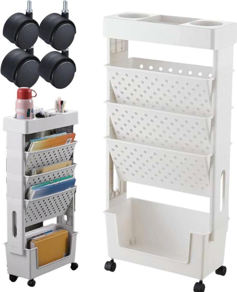 Two white rolling storage carts and a set of black casters against a white background.