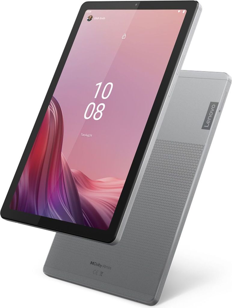 A Lenovo tablet is shown at an angle against a white background. The screen displays the time and a colorful wallpaper.