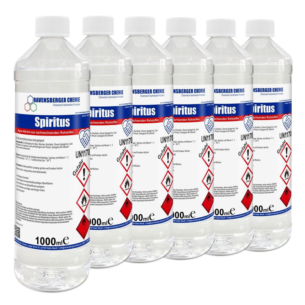 Ravensberger Chemie Spiritus Alkohol - vielseitiger Ethanol-Reiniger für Haushalt, Auto & Werkstatt, ideal als Brennspiritus & Frostschutz - 6x 1 L