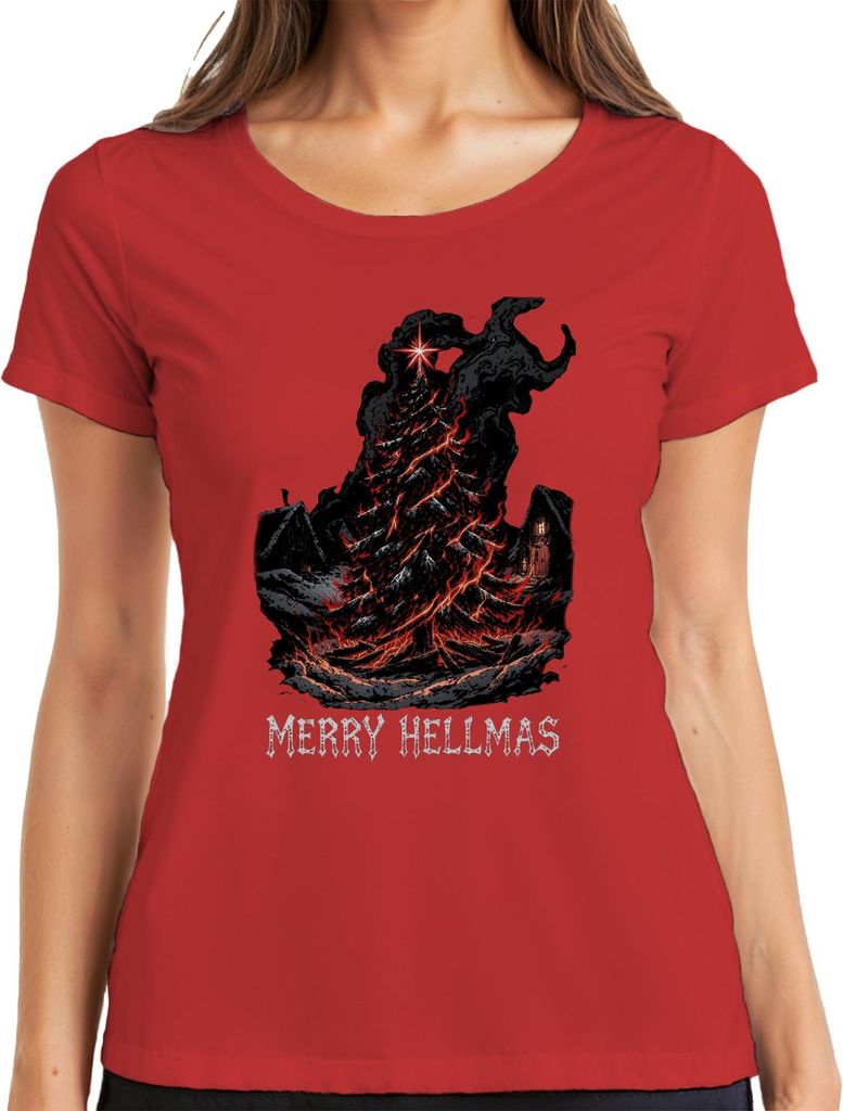 Merry Hellmas Brennender Weihnachtsbaum Horror Gothic Geschenk Damen T-Shirt, Rot, XL