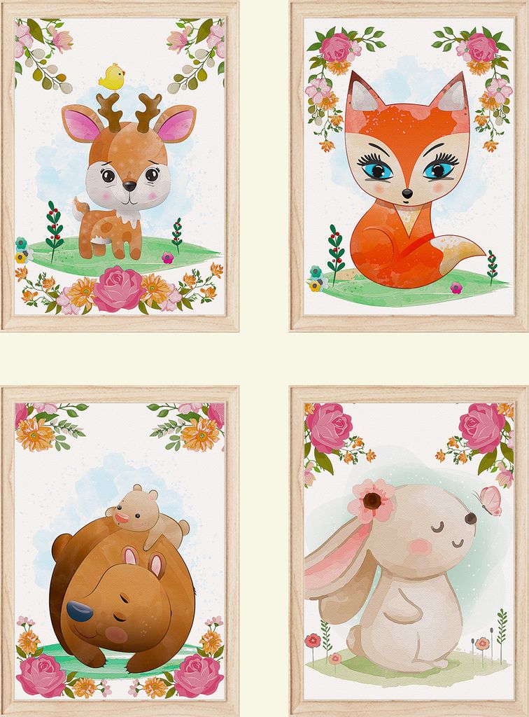Niedliche Waldtiere Bilder 4er Set DIN A4 Kinderzimmer Wandbilder Babyzimmer Poster Dekoration - Reh Fuchs Bär Hase