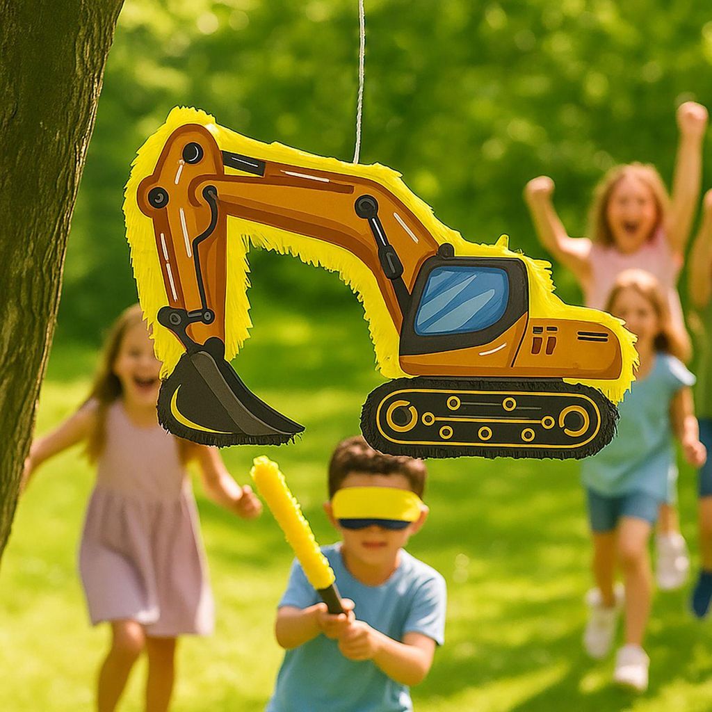 Baustellenfahrzeug-Piñata-Set mit Schläger und Maske