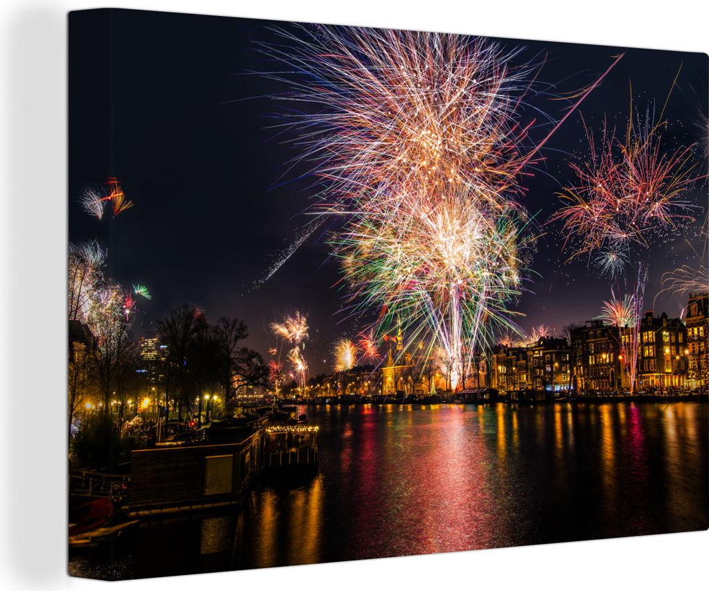 OneMillionCanvasses - Leinwandbilder - 150x100 cm, Feuerwerk - Amsterdam - Wasser, Wandbilder Kunstdruck Wanddekoration