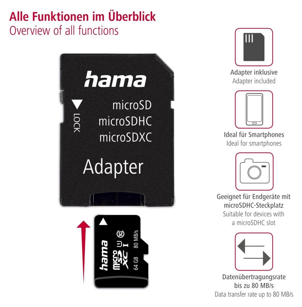 Hama microSDXC 64GB, 64 GB, MicroSDXC, Klasa 10, UHS-I, 80 Zdjęcie produktu 