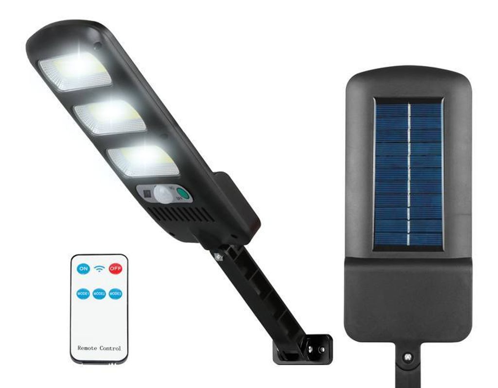 A solar-powered outdoor light with a separate solar panel and a remote control.