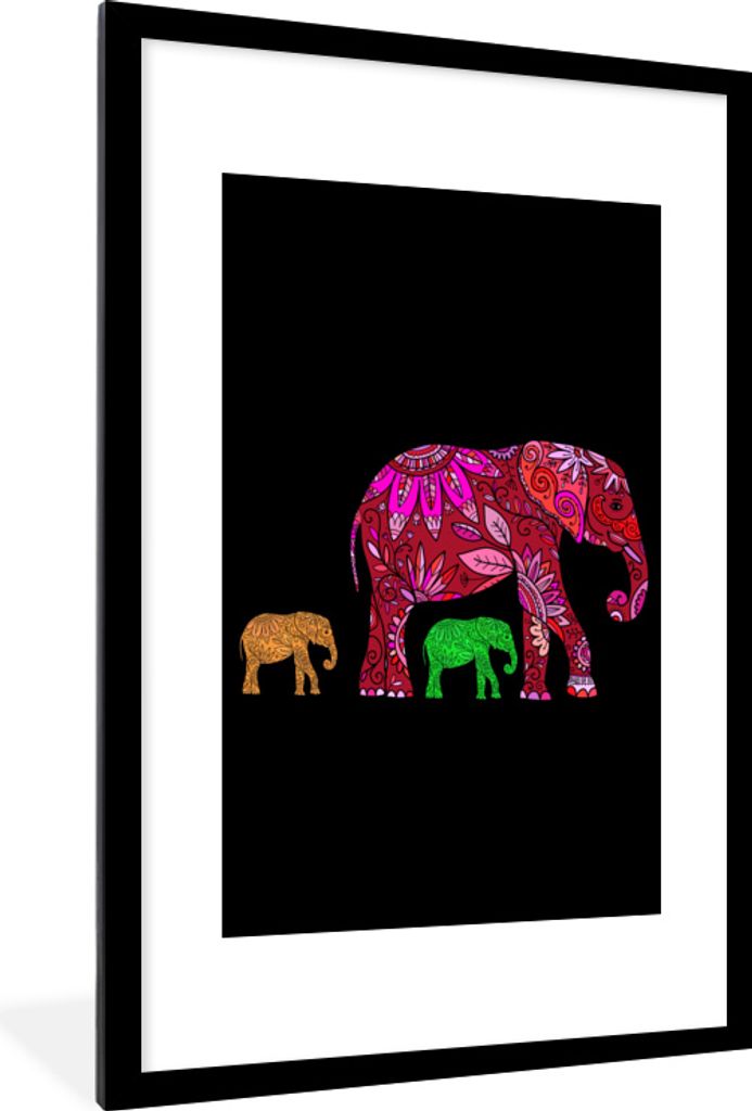 MuchoWow MuchoWow Gerahmtes Poster Elefant - Tiere - Muster - Blumen 60x90 cm - Poster mit zchwarzem Bilderrahmen - Dekoration - Wandposter Woh...