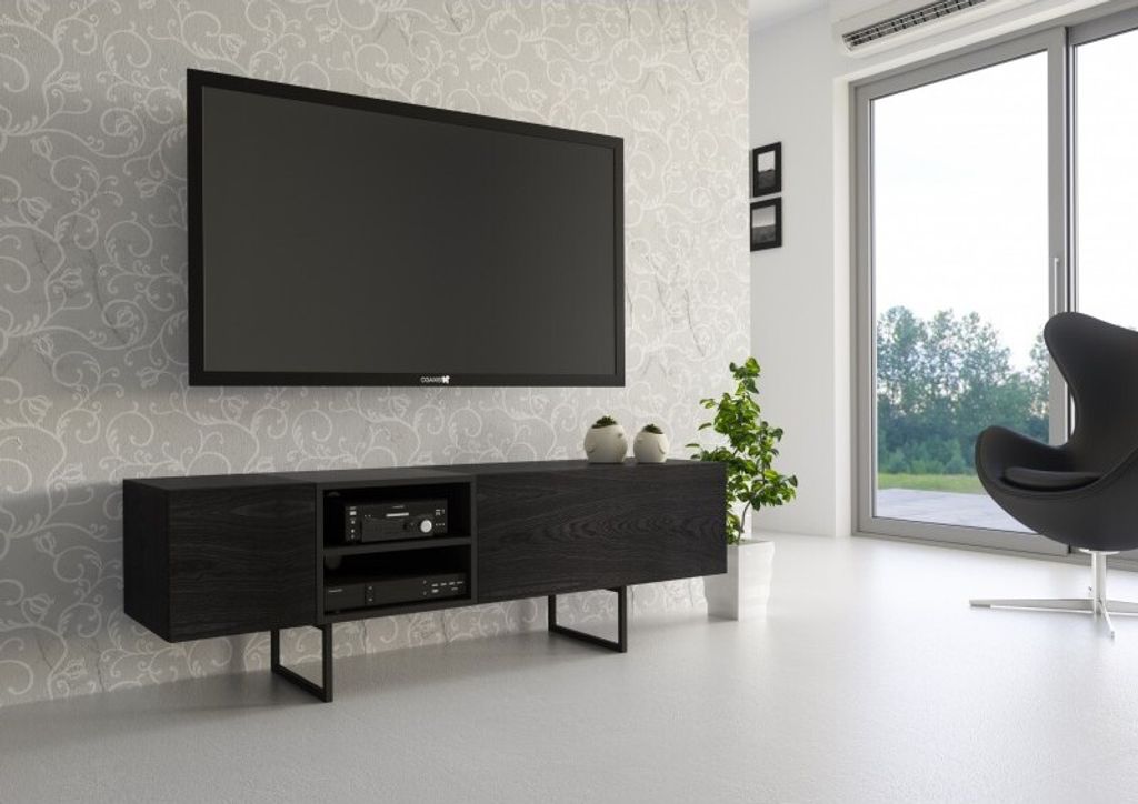 RTV Regal Wohnzimmer TV-Schrank Fernsehschrank Stehend Eiche Abato Schwarz