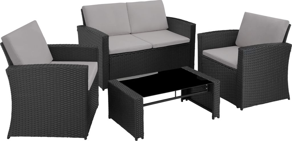 A set of outdoor furniture including a loveseat, two armchairs, and a coffee table, arranged on a white background.