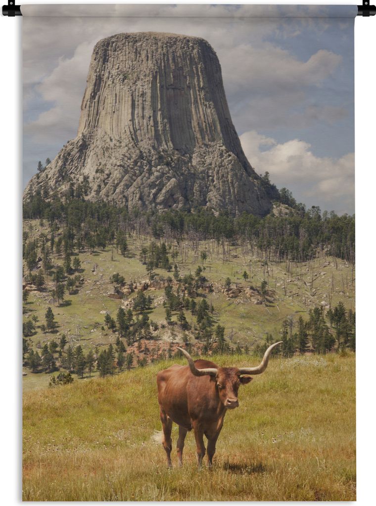 MuchoWow Wandteppich Wandbehang Teufelsturm in Wyoming mit einem Stier 90x135 cm Tapisserie Dekoration Wandtuch - Baumwolle - Wandskulptur