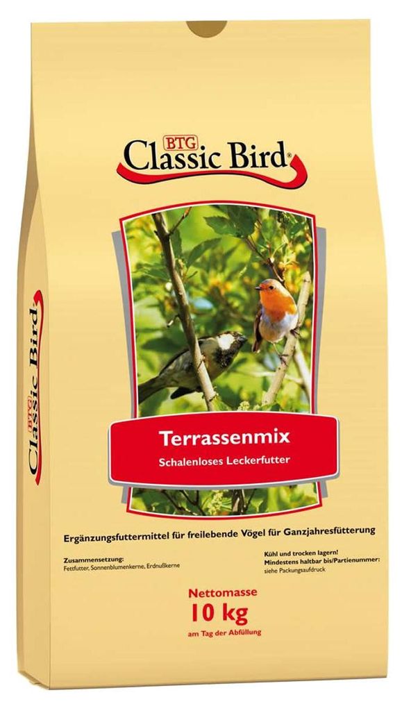 BTG Classic Bird Classic Terrassenmix, Samen, 10 kg, Fettfutter, Sonnenblumenkerne geschält , Erdnußkerne