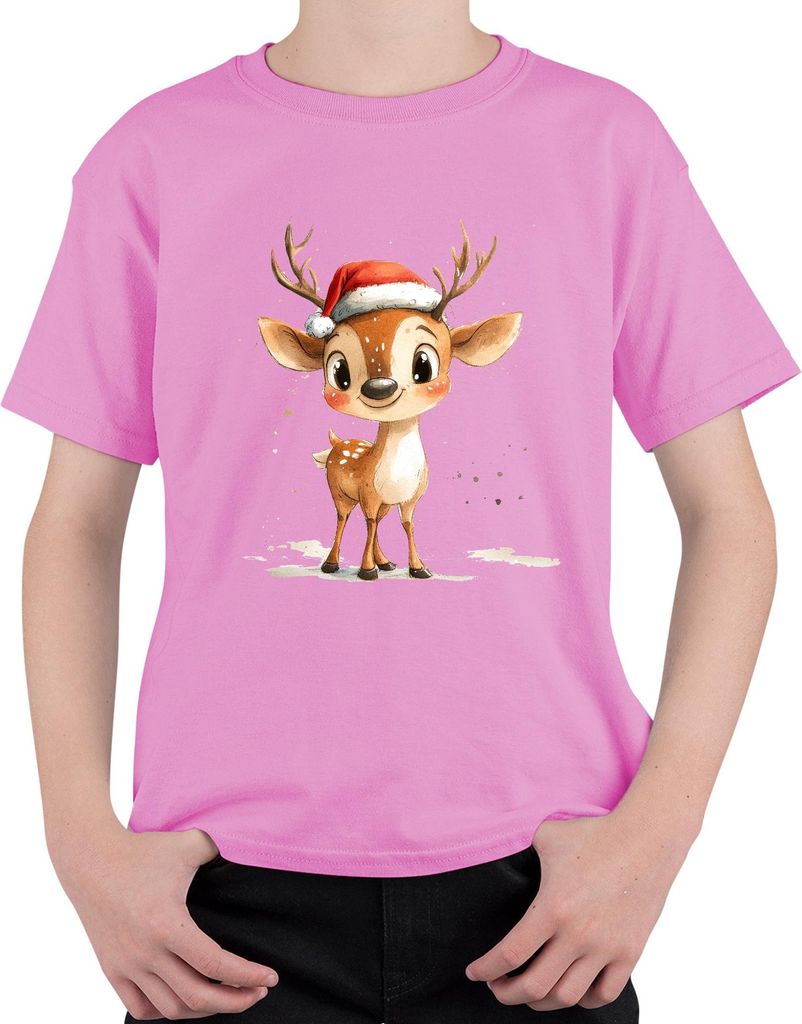 Weihnachtsrentier Aquarell Süß Santa Hut Geschenk Kinder Niedlich Uni Kinder T-Shirt, Pink, 152
