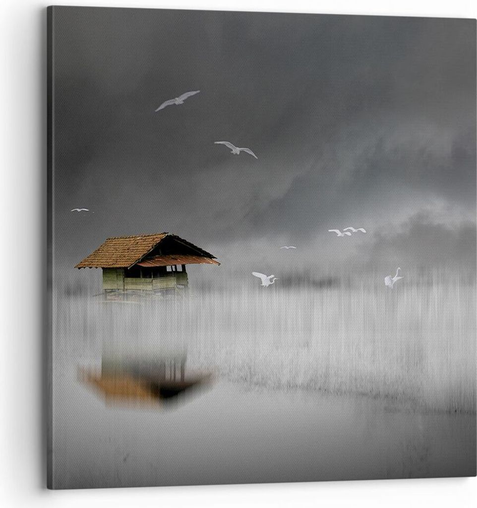 Bild auf Leinwand - Leinwandbild - Einteilig - Hütte Nebel Sumpf - 70x70cm - Wand Bild - Wanddeko - Wandbilder - Leinwanddruck - Bilder - Wanddeko...