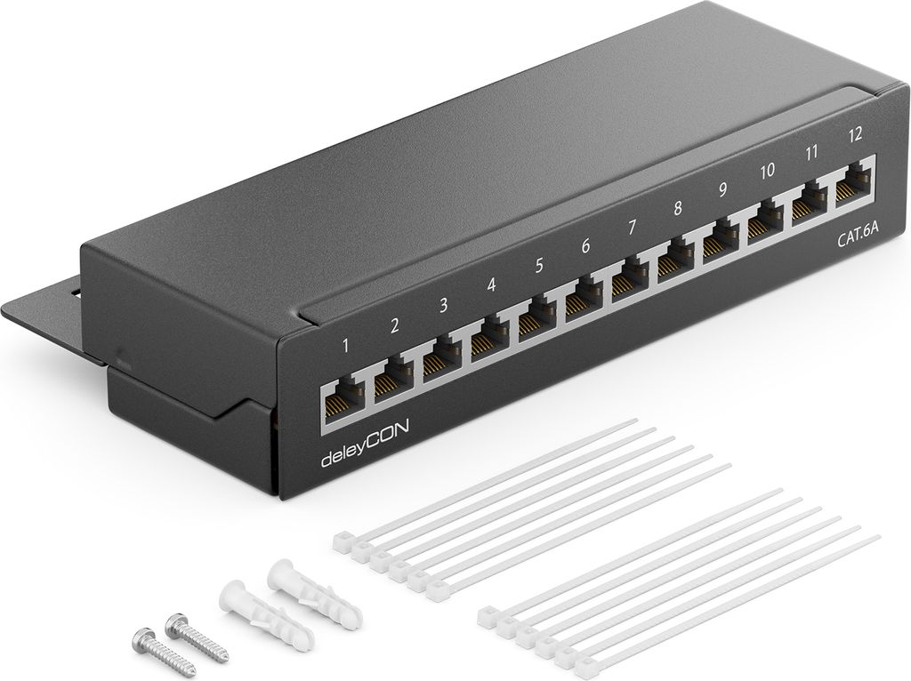 deleyCON CAT 6a Patchpanel Verteilerfeld 12 Port - Desktop & Wandmontage Geschirmt 12x RJ45 Buchse - TIA568A TIA568B - Schwarz