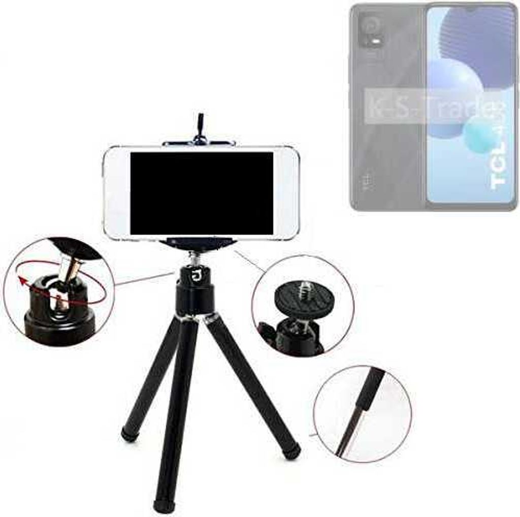 K-S-Trade Smartphone Stativ Dreibein kompatibel mit TCL 406 Tripod aus Aluminium Klemmstativ Stativ Adapter für Mobiltelefone schwarz 1x