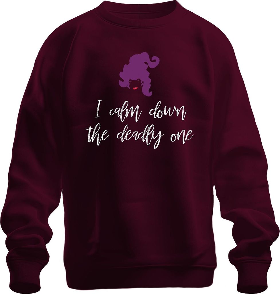 I calm down the deadly one Hexe Halloween Geschenk Spruch Retro Uni Sweatshirt Pullover, Burgundy, L