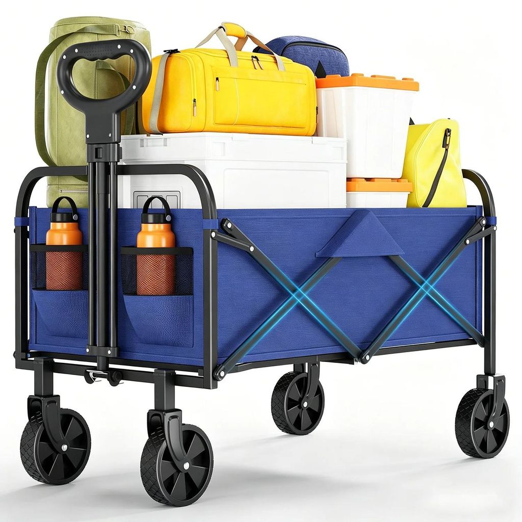 Camping Bollerwagen 220 L - Klappbarer Handwagen - Schwerlast - Verstellbarer Griff - Getränkehalter - Für Camping und Garten - Blau