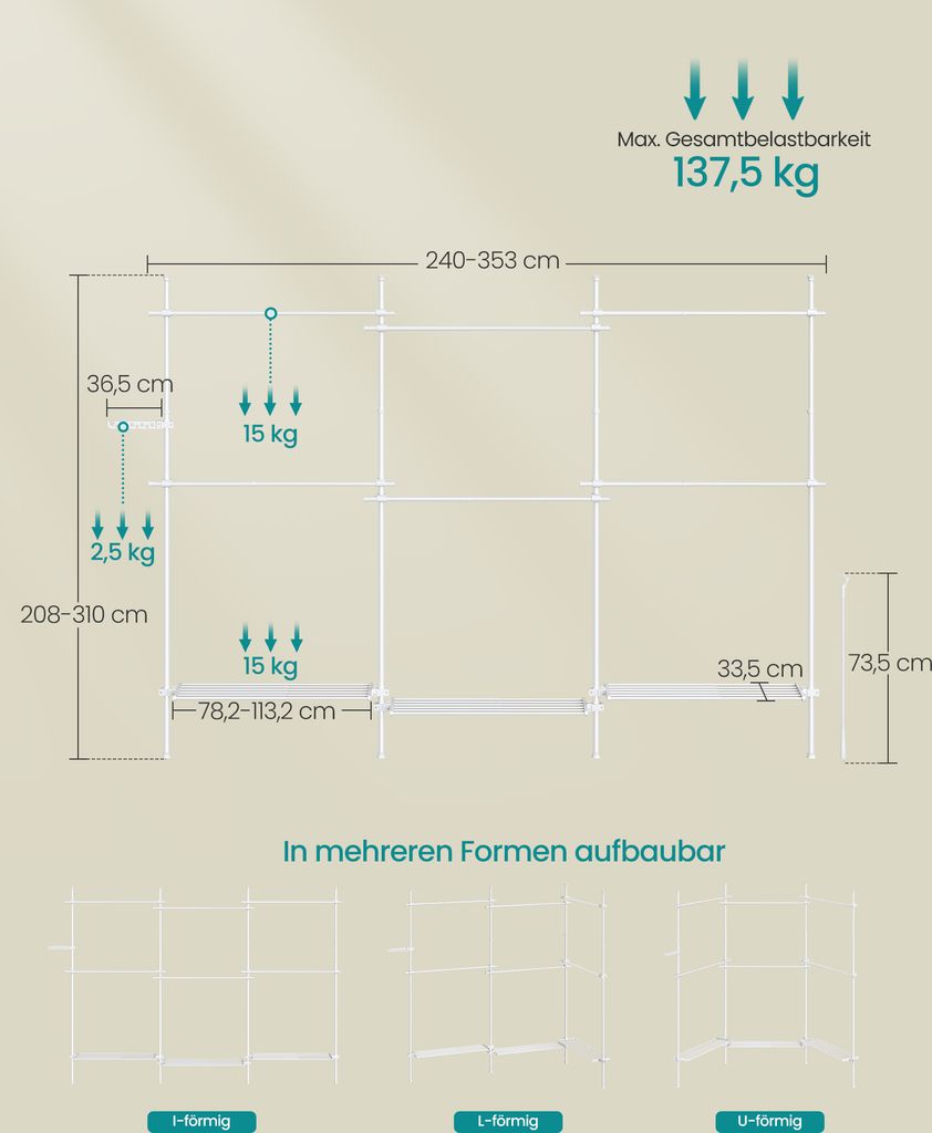 SONGMICS Kleiderständer deckenhoch, 3-stufige Garderobe, Produktbild 6